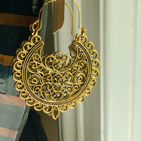 BOGO Large Gold Mandala Hoop Earrings Filigree Tribal Aztec Tibetan Native Bird - Picture 14 of 16